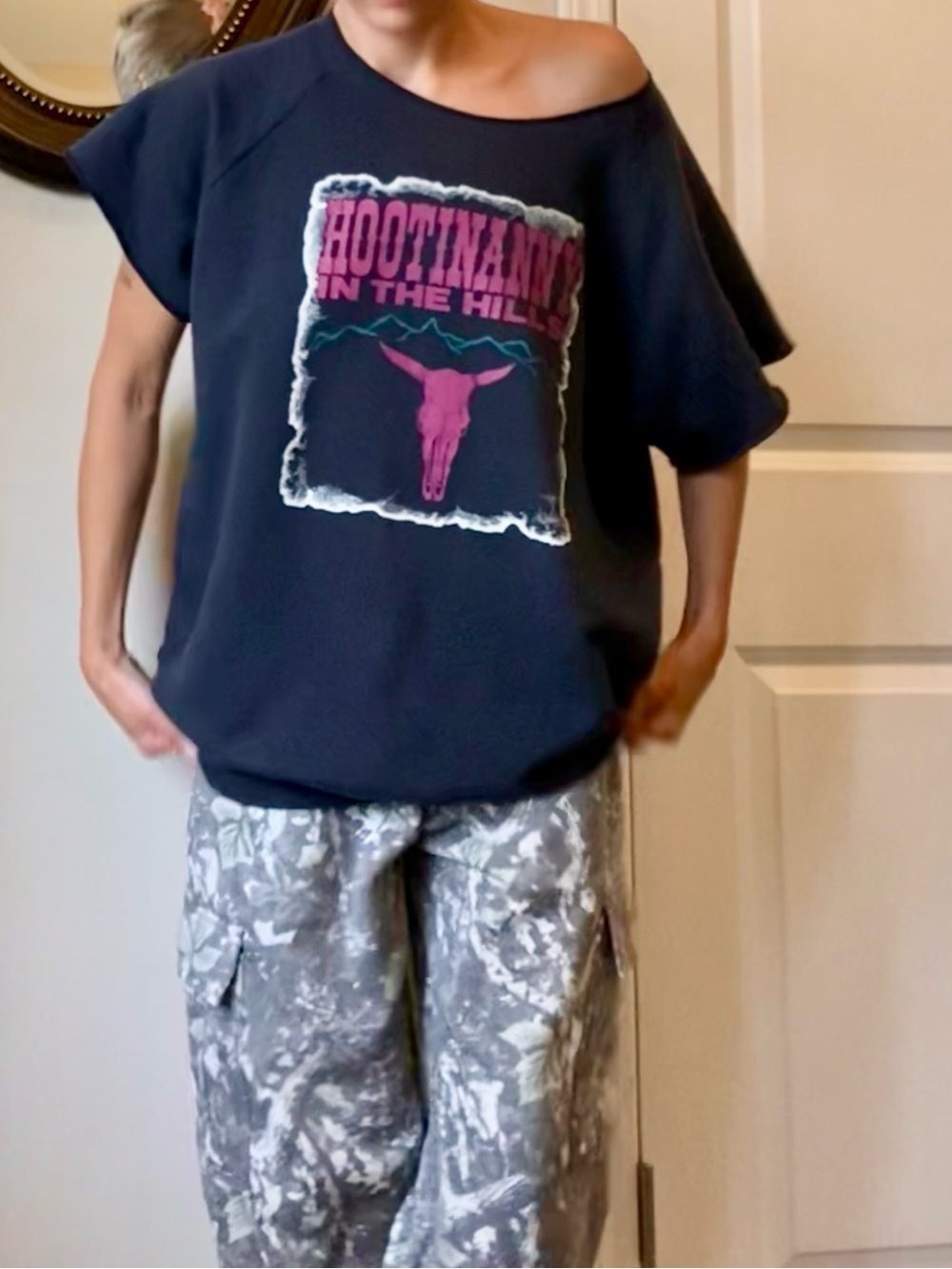 Vintage Country Cowboy Graphic Off-Shoulder Sweater Tee
